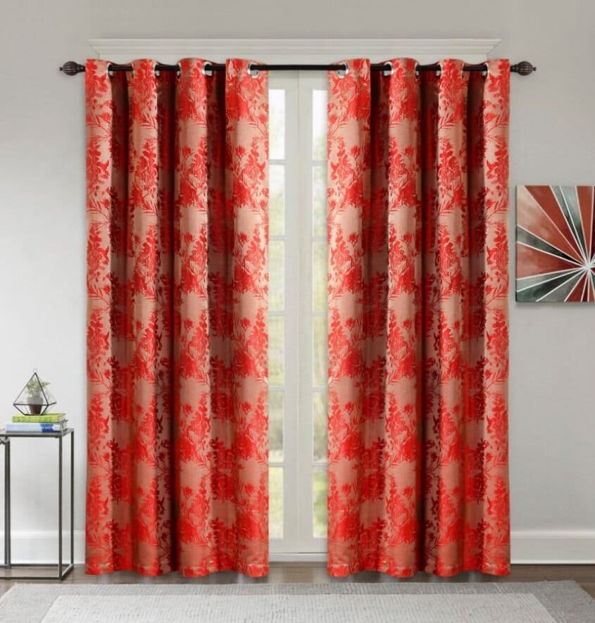 Manufacturer, Exporter, Importer, Supplier, Wholesaler, Retailer, Trader of Jacquard Floral Blackout (2N) Eyelet Door Curtain -Red in New Delhi, Delhi, India.